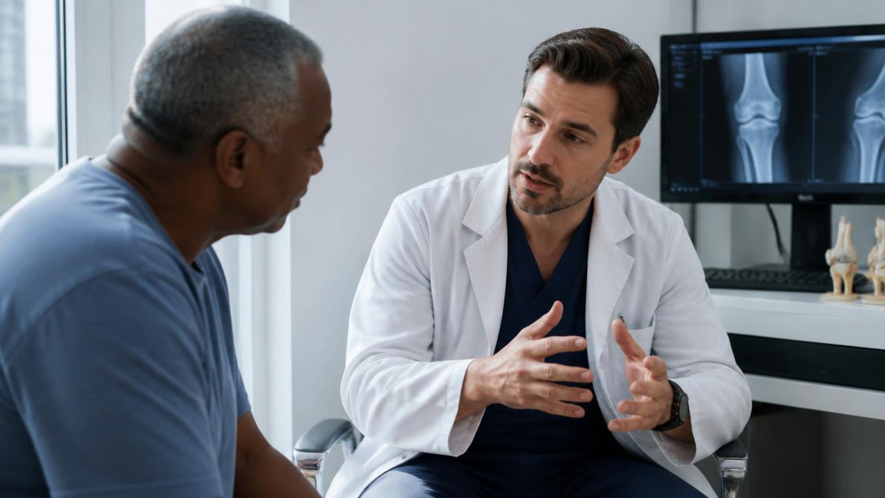 Chirurgo ortopedico durante un colloquio specialistico con un paziente adulto in ambulatorio