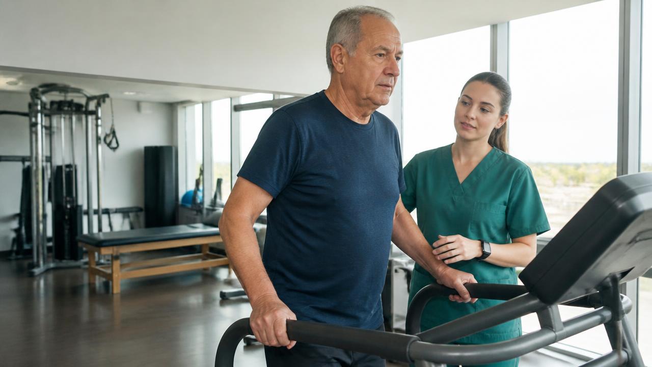 Paziente adulto che cammina su tapis roulant durante la riabilitazione con il fisioterapista