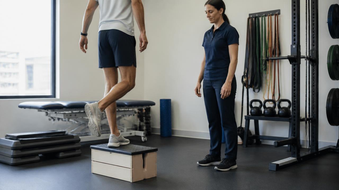 Atleta che esegue un heel-rise monopodalico su gradino durante la riabilitazione