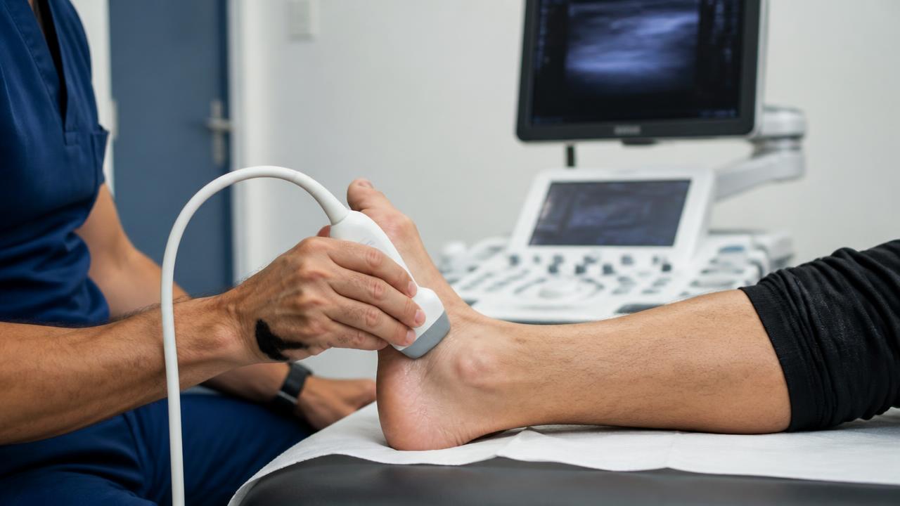Medico esegue una valutazione ecografica della regione retromalleolare laterale della caviglia
