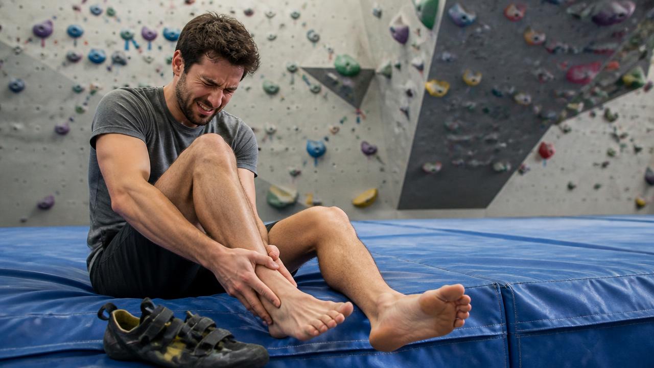 Arrampicatore che si tiene la caviglia dopo una caduta nel bouldering