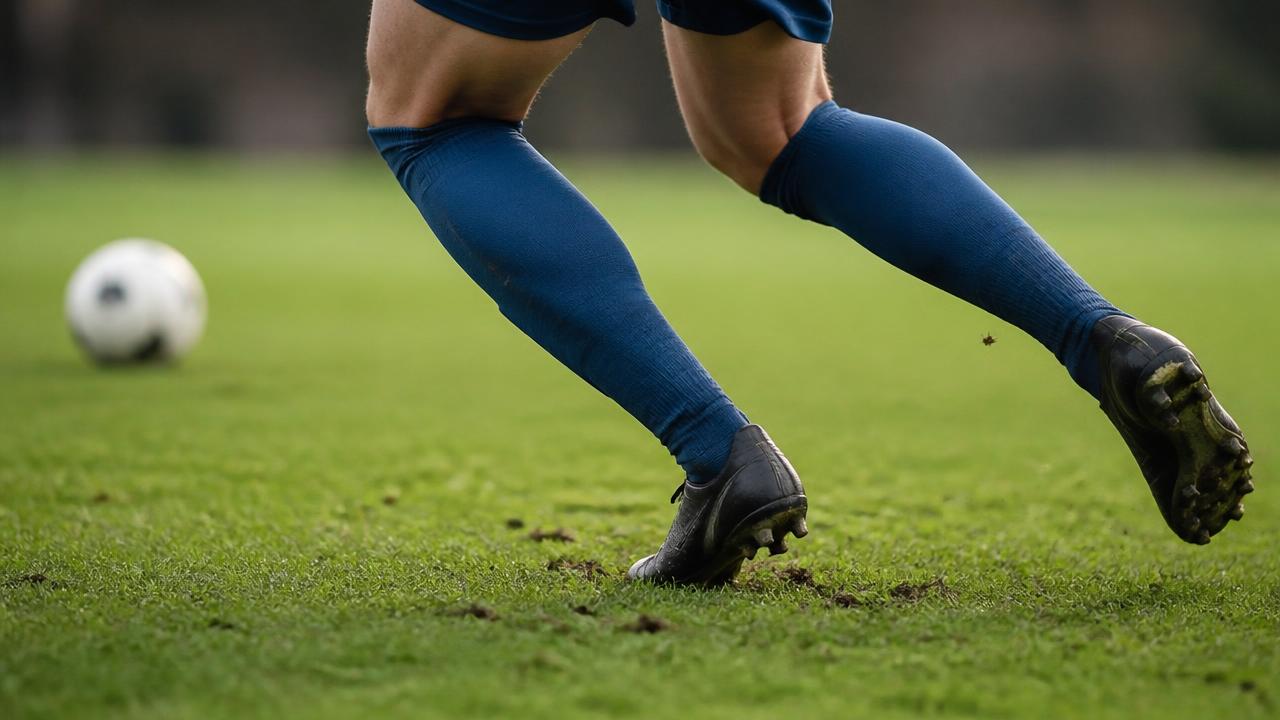 Calciatore durante un cambio di direzione con tacchetti che affondano nel terreno