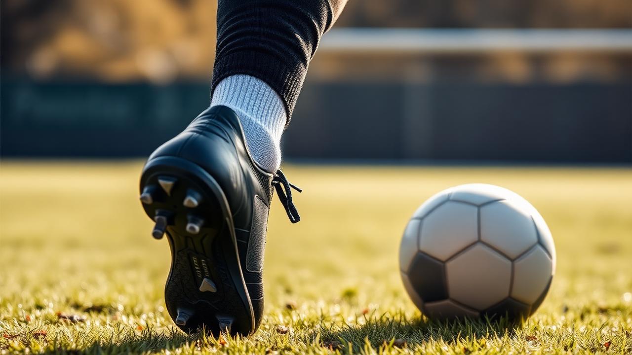 Primo piano della caviglia di un calciatore in scarpa da calcio durante il tiro