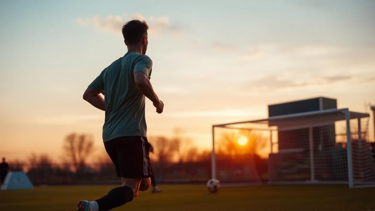 Calciatore che torna a correre in campo durante un allenamento al tramonto