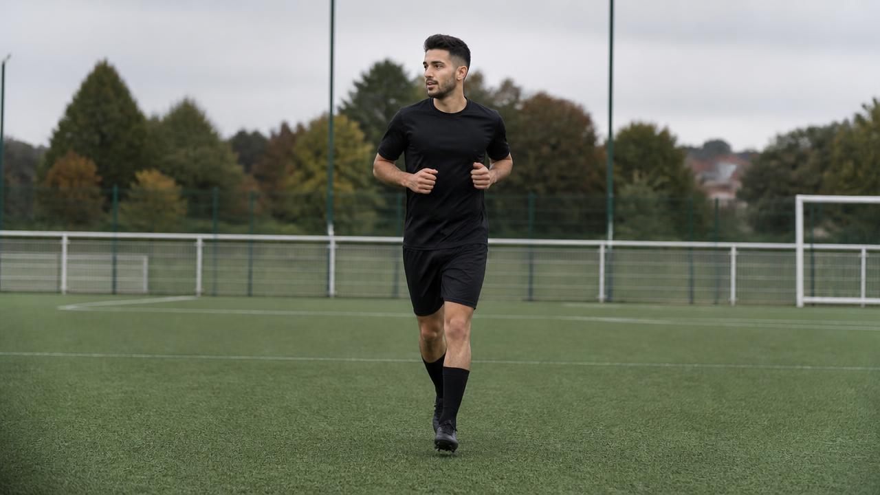 Calciatore che torna a correre in campo durante un allenamento al tramonto