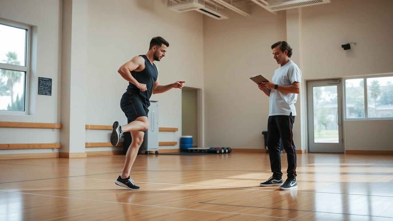 Test funzionale di salto monopodalico eseguito in palestra con supervisione del fisioterapista