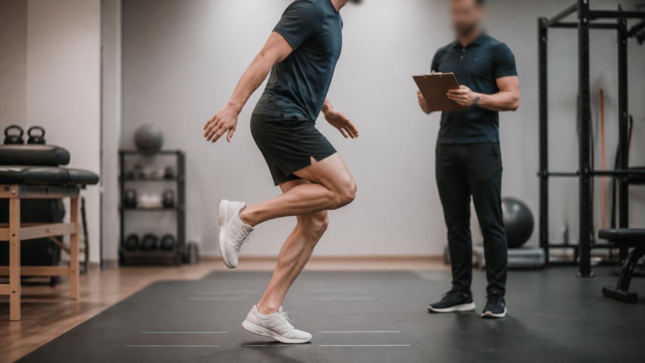 Test funzionale di salto monopodalico eseguito in palestra con supervisione del fisioterapista