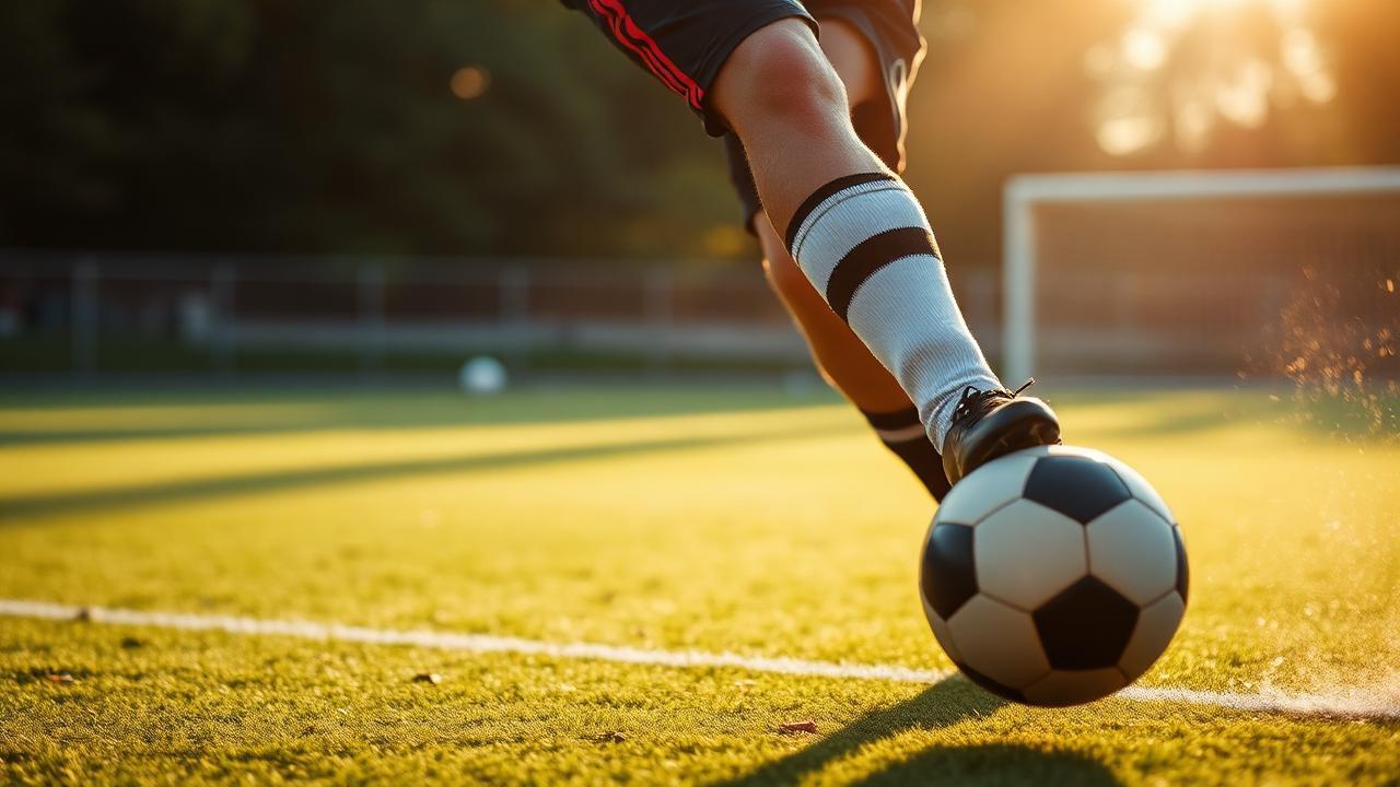 Calciatore che calcia il pallone durante un allenamento su campo in erba
