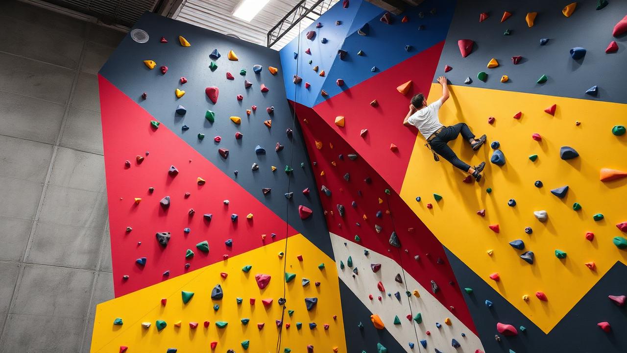 Arrampicatore su parete indoor in palestra di arrampicata