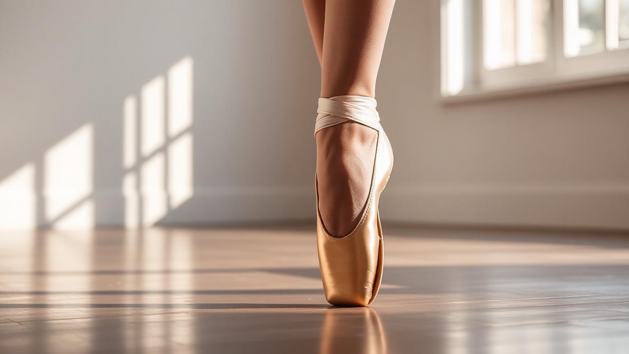 Primo piano della caviglia di una ballerina durante il lavoro en pointe
