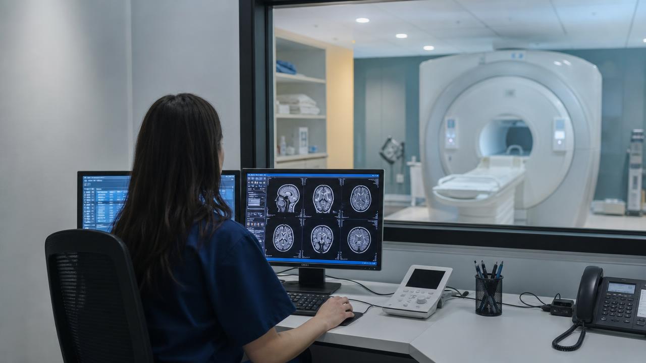 Sala di risonanza magnetica con tecnico alla consolle
