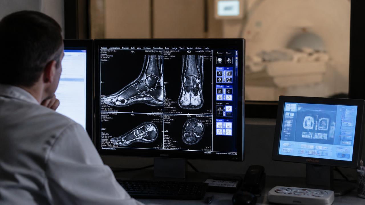 Medico che analizza le immagini di risonanza magnetica del piede su un monitor diagnostico