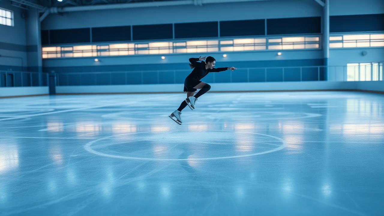Pattinatrice artistica durante l'atterraggio da un salto sul ghiaccio