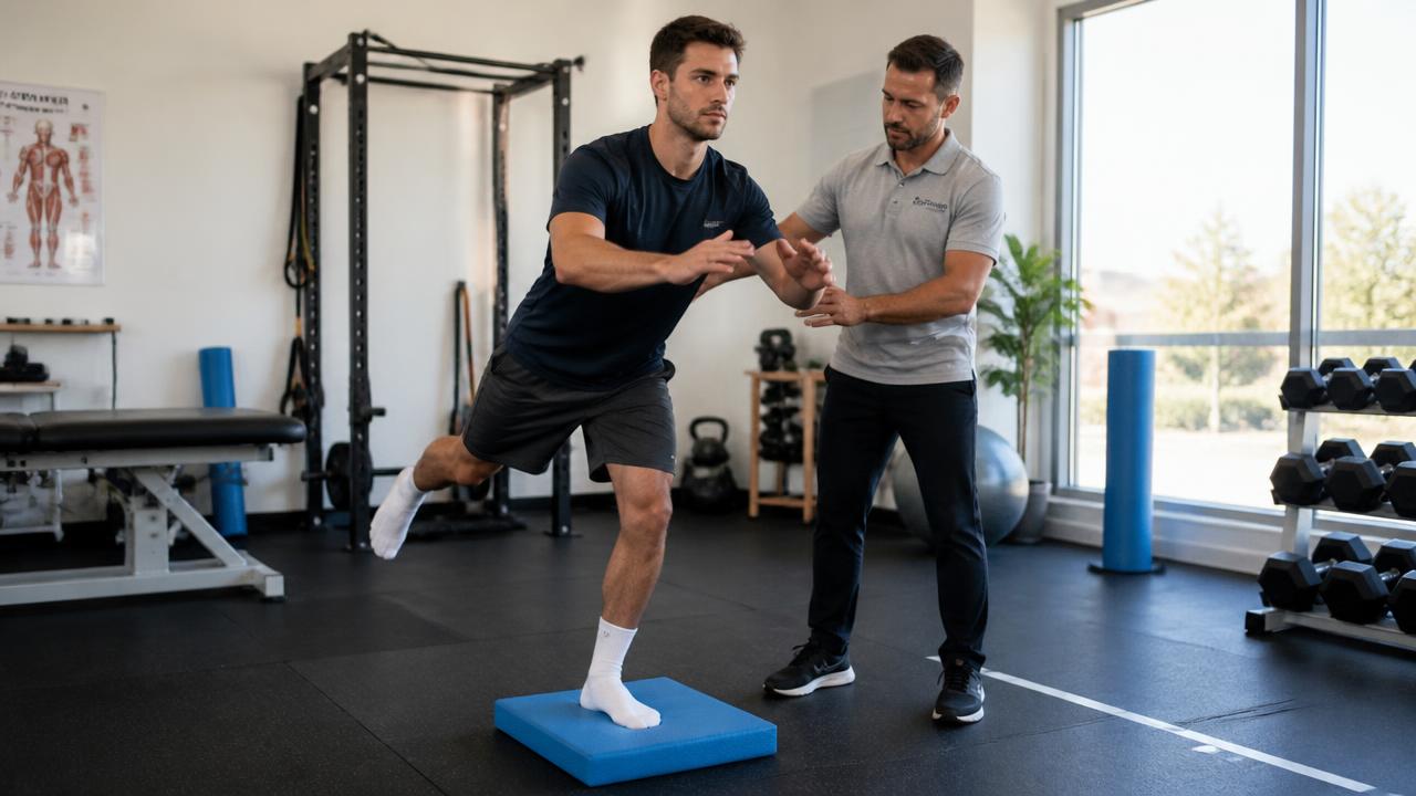 Atleta durante esercizio di controllo neuromuscolare su cuscino propriocettivo con fisioterapista