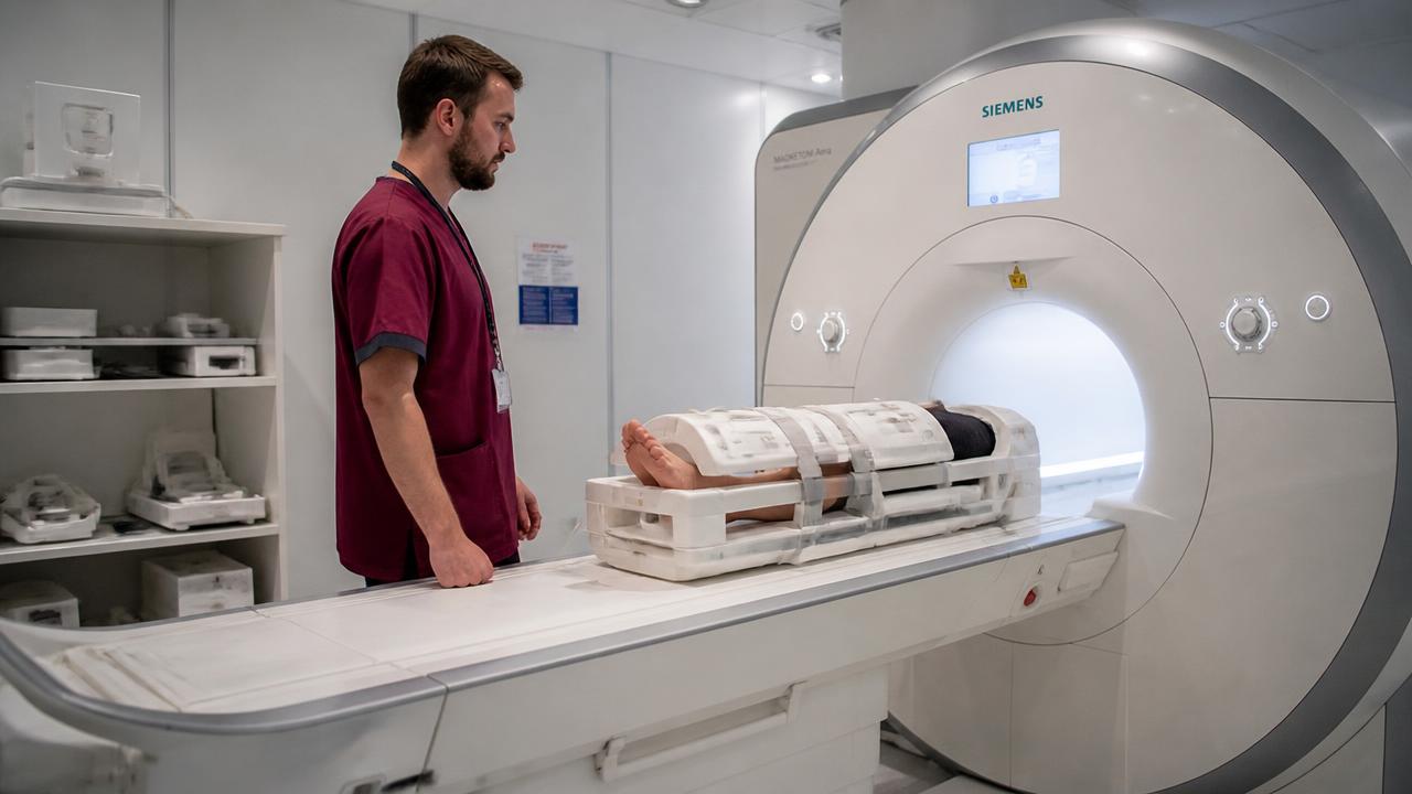 Sala di risonanza magnetica con caviglia posizionata nella bobina dedicata