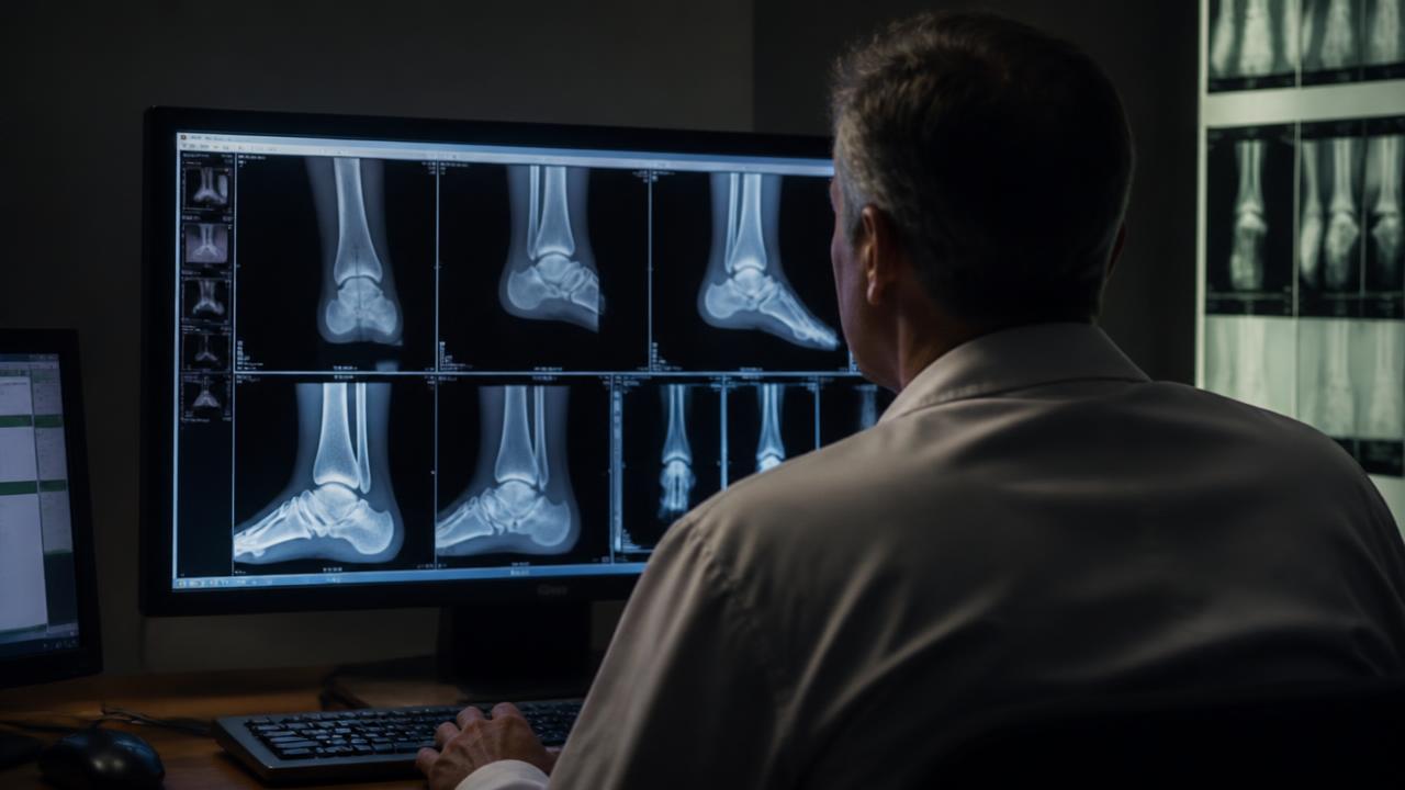 Specialista che analizza radiografie della caviglia su monitor in sala refertazione