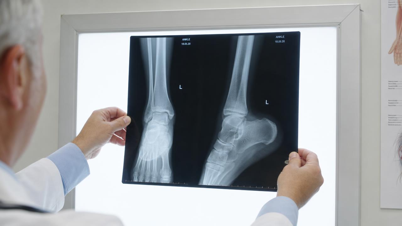Radiografia della caviglia esaminata da uno specialista al diafanoscopio