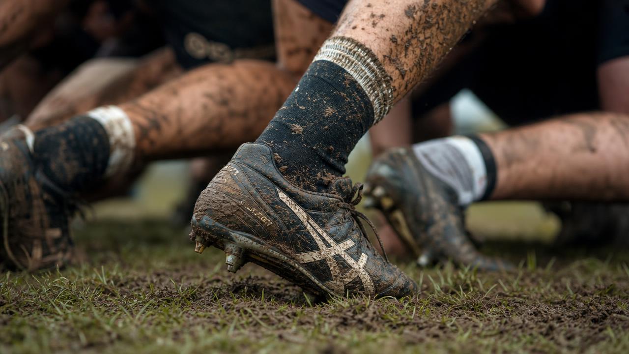 Scarpa da rugby con tacchetti conficcata nel terreno fangoso durante una spinta
