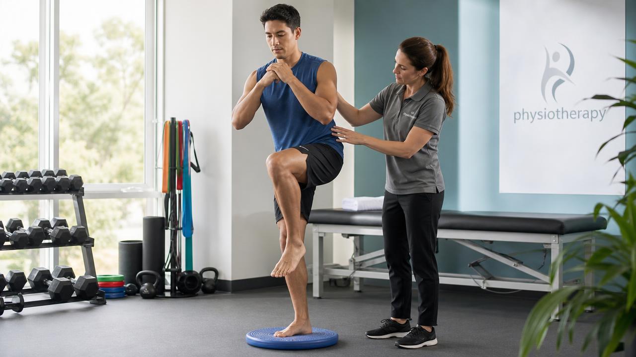 Fisioterapista che guida un atleta in un esercizio di equilibrio monopodalico