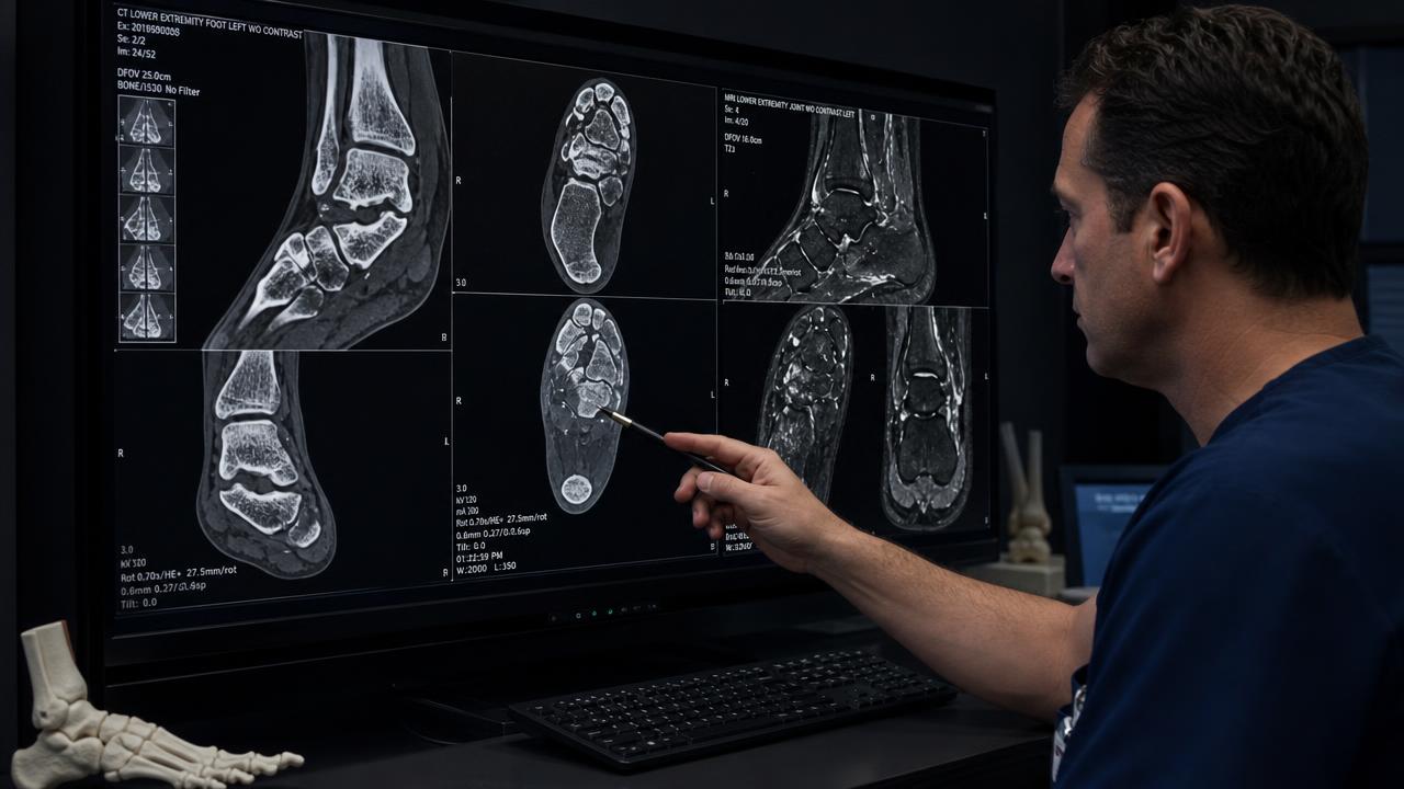 Specialista che analizza immagini TC e RMN del piede su monitor diagnostico