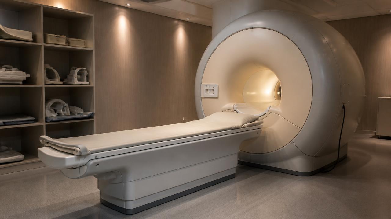 Sala di risonanza magnetica con tecnico alla consolle durante un esame