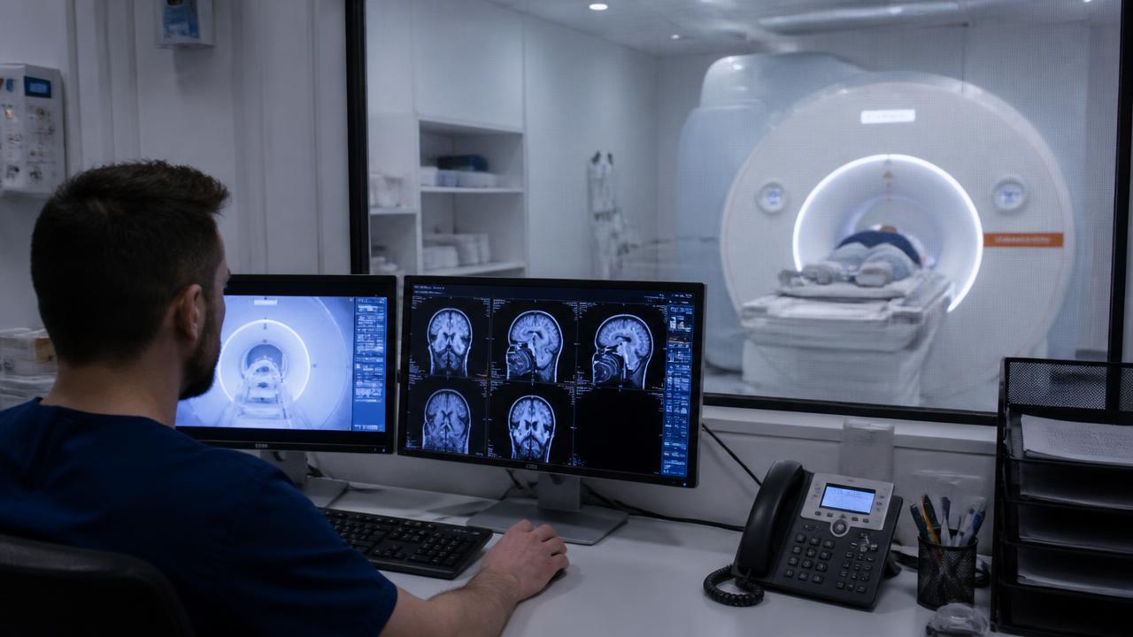 Sala di risonanza magnetica con tecnico alla consolle durante un esame