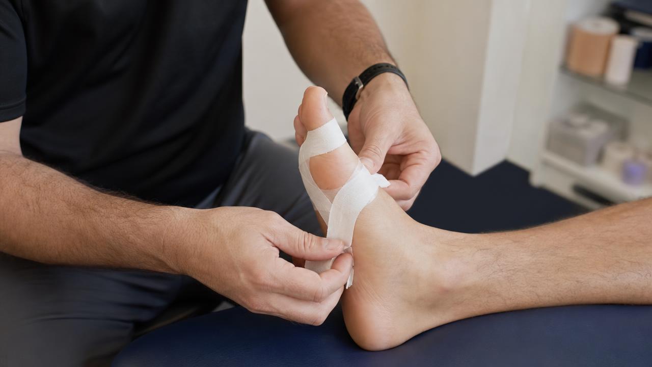 Fisioterapista che applica un taping rigido all'alluce e all'avampiede di un atleta