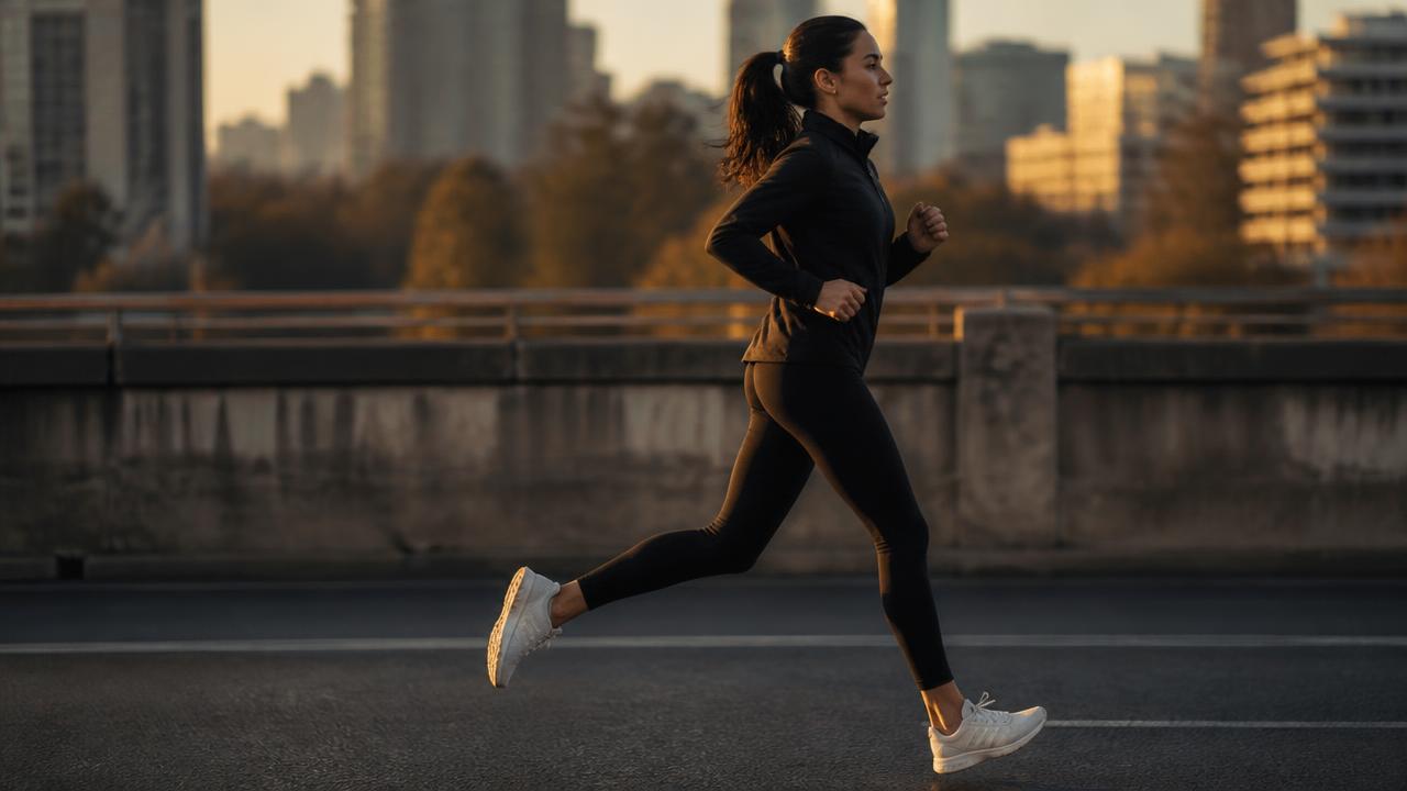 Runner durante una corsa su strada al tramonto