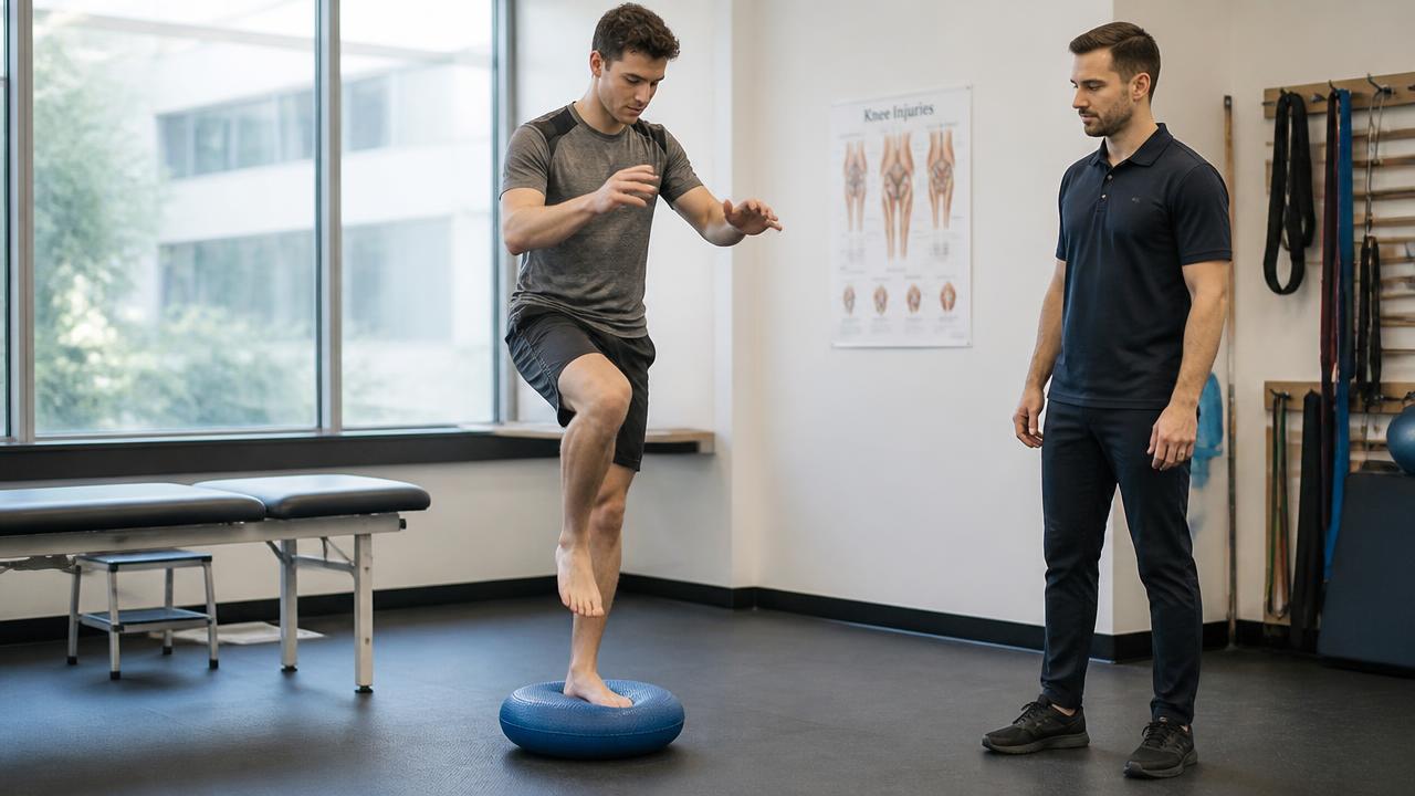 Atleta che esegue un esercizio di equilibrio monopodalico su cuscino propriocettivo in palestra riabilitativa