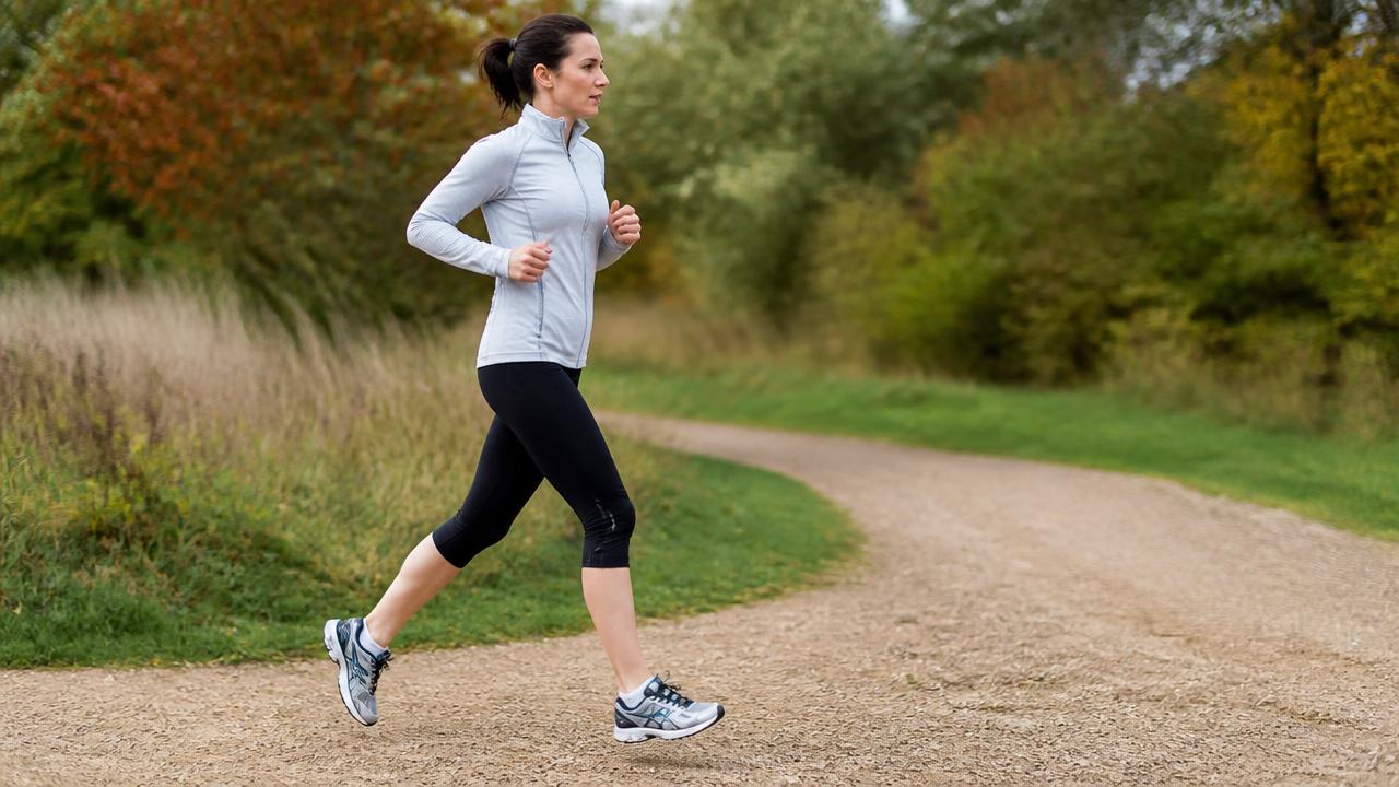 Runner amatoriale che corre su un sentiero sterrato irregolare