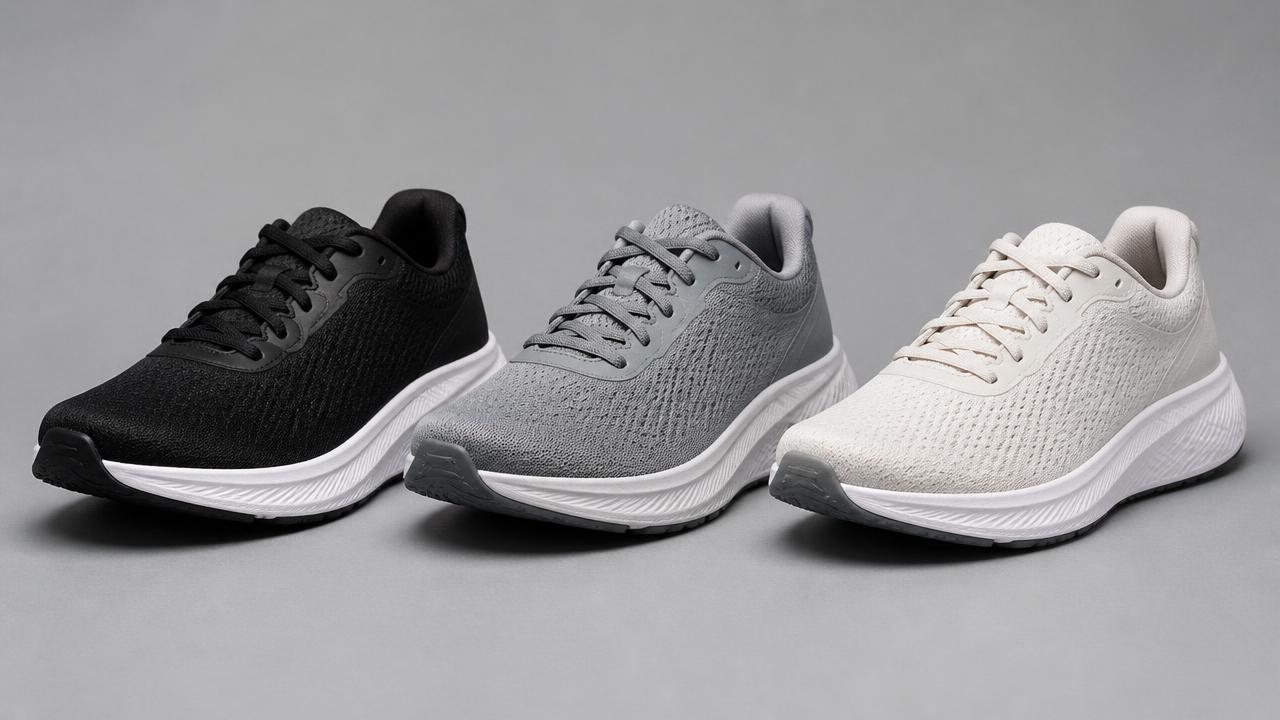 Tre scarpe da running senza marchi visibili fotografate su fondo neutro