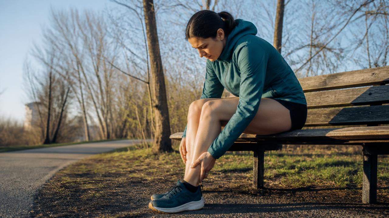 Persona sportiva seduta su una panchina che osserva la propria caviglia dopo l'attività