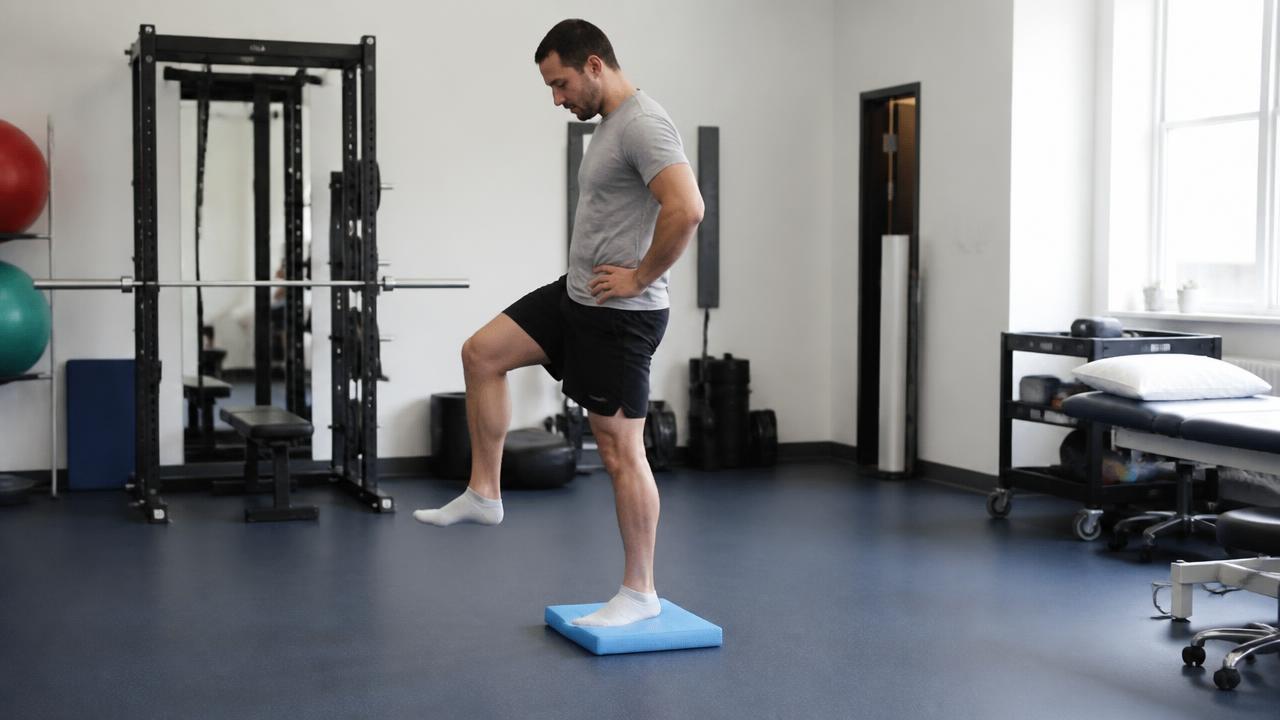 Esercizio di equilibrio monopodalico su tavoletta propriocettiva in palestra riabilitativa