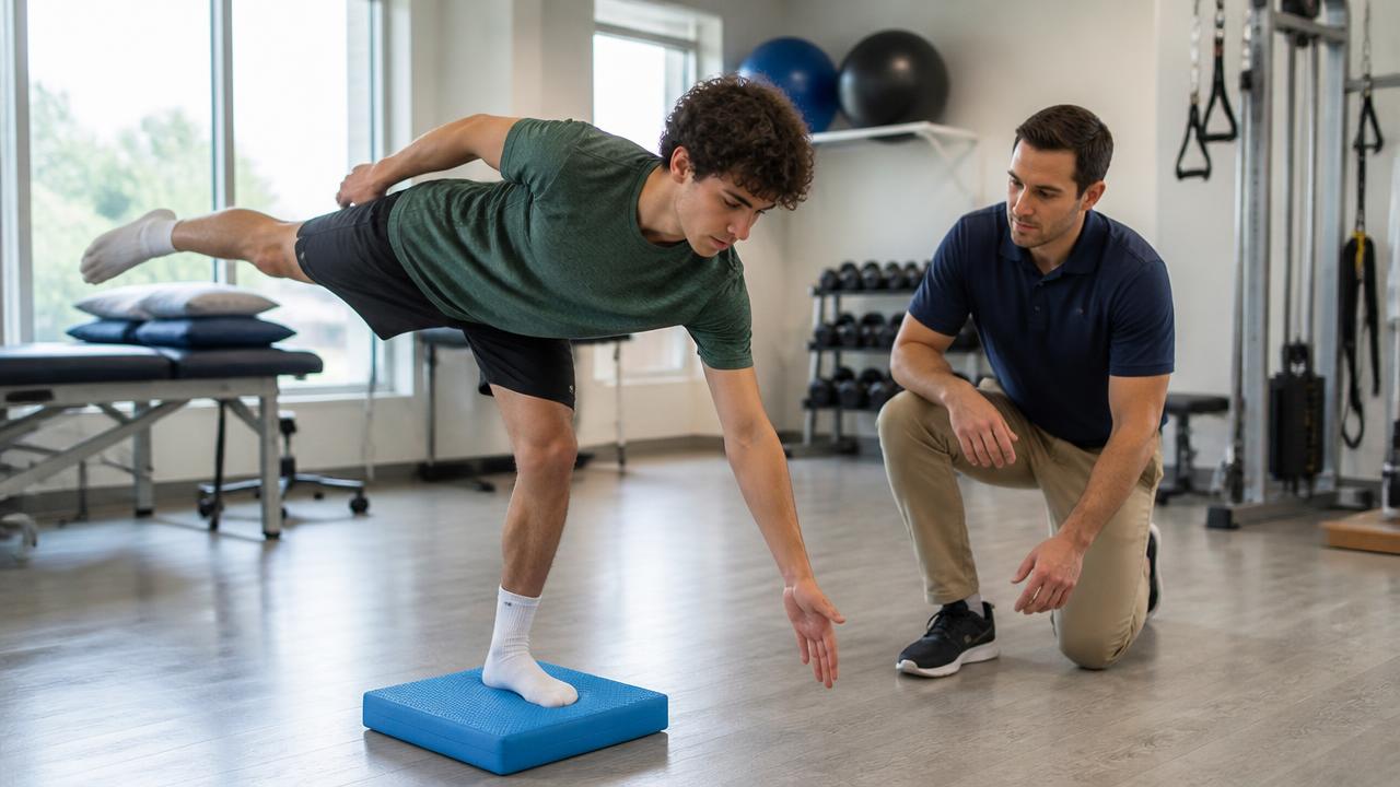 Atleta esegue un esercizio di equilibrio monopodalico su cuscino propriocettivo seguito dal fisioterapista