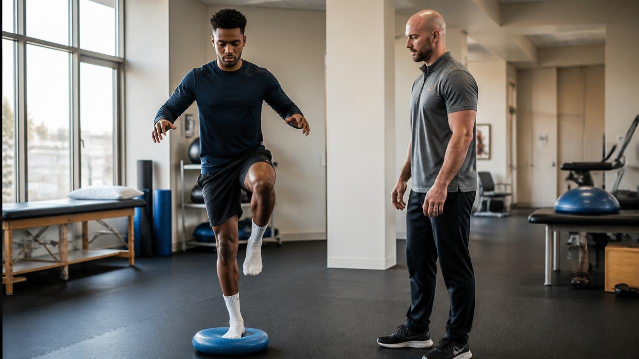 Atleta impegnato in un esercizio di equilibrio monopodalico su cuscino propriocettivo con fisioterapista